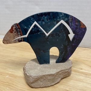 Zuni Bear Petroglyph Metal and Sandstone 4.5” Earth Tone Colors